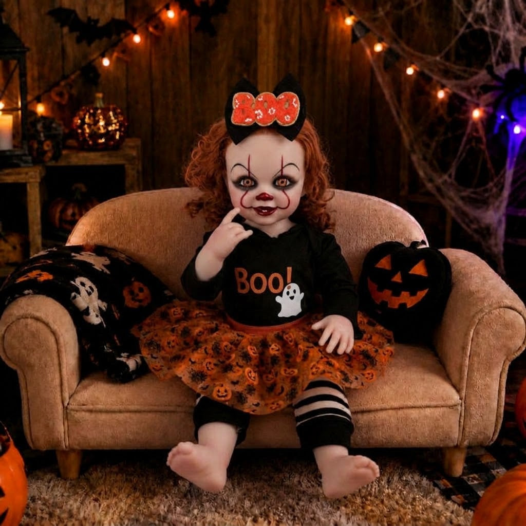22 inch Halloween clown reborn doll with full vinyl body, orange curly hair, eyes open and pumpkin tutu, suitable as a gift for children, elders, and companions