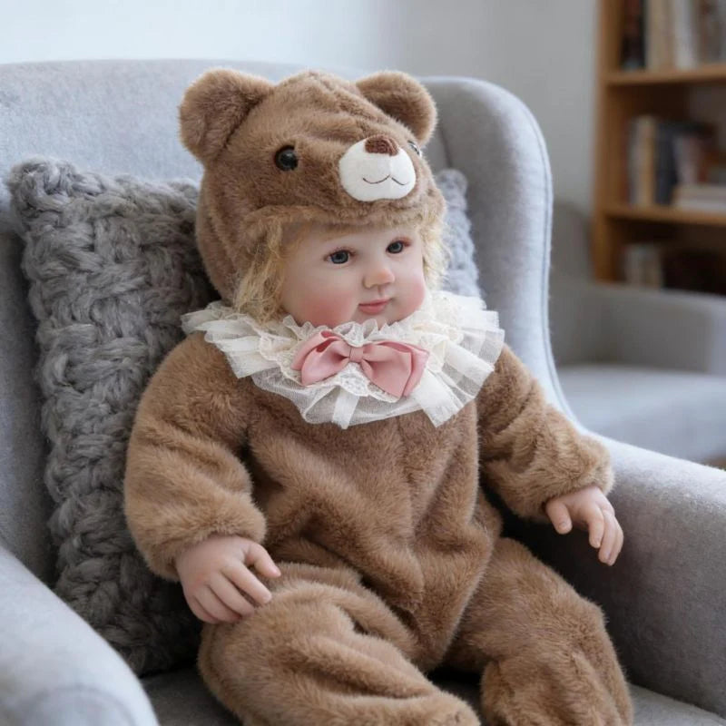 28-Inch/70cm Realistic Vinyl Baby Doll in Brown Plush Bear Suit – Hand-Painted Collectible with Blue Acrylic Eyes