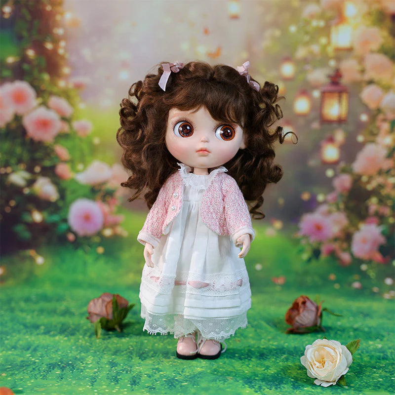 12-inch/30cm Big Eyes Porcelain Doll With White Dress and Pink Coat - Reborn Doll Australia