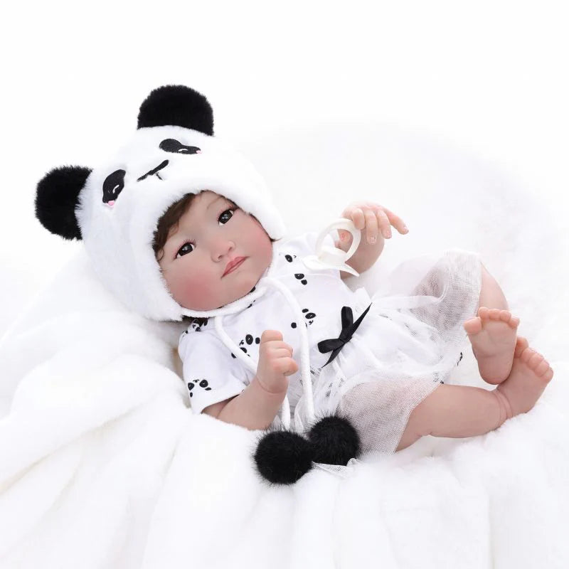 22-Inch/55cm Full-Body Vinyl Simulation Doll | Hand-Painted Makeup & Articulated Joints | Panda-Themed Plush Outfit - Reborn Doll Australia