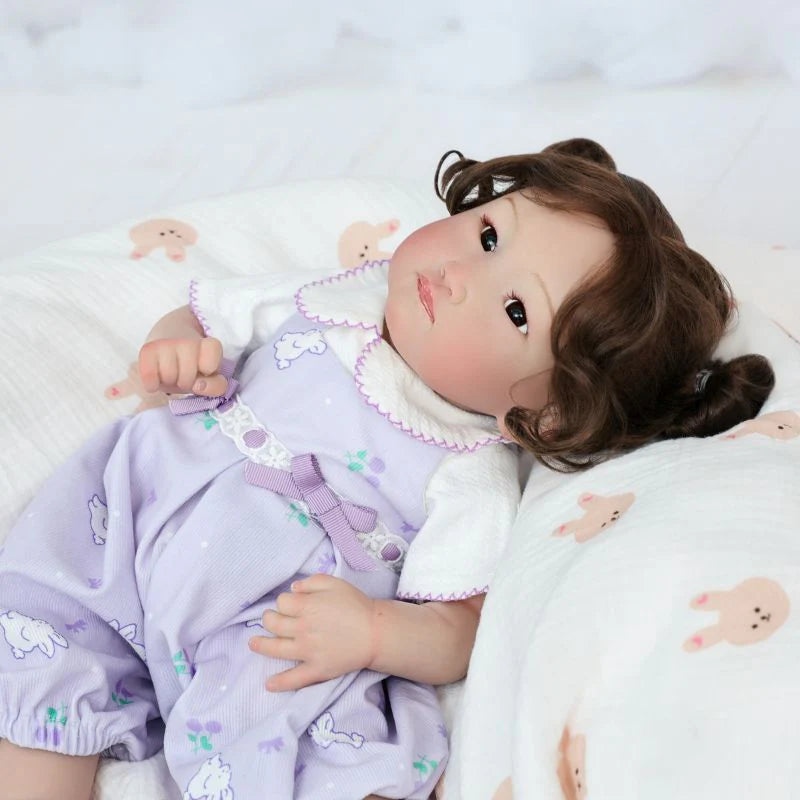 22-Inch/55cm Full-Body Vinyl Simulation Doll | Hand-Painted Makeup & Articulated Joints | Light Purple Cartoon Overalls Set - Reborn Doll Australia