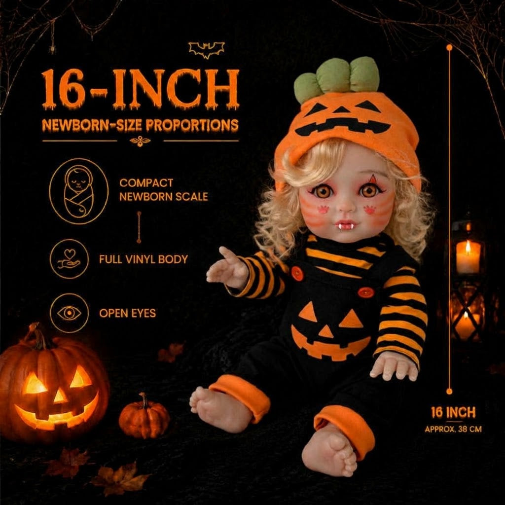 16 Inch Halloween Pumpkin Reborn Doll Blonde Curly Hair Open Eyes Full Vinyl Body Gifts