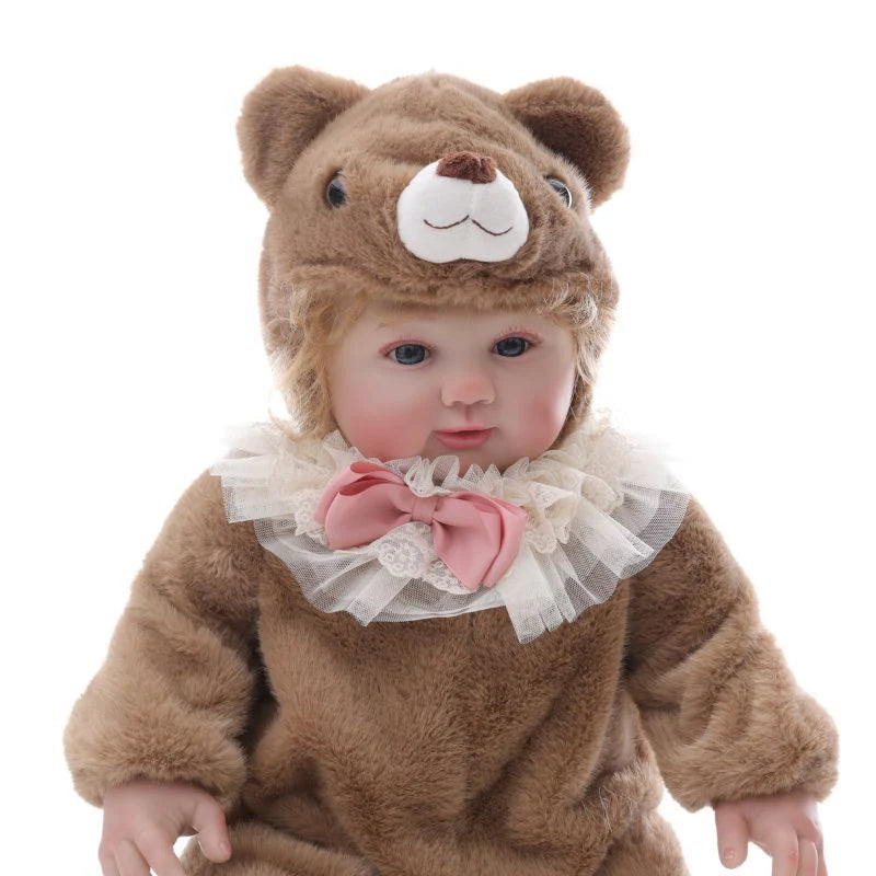 28-Inch/70cm Realistic Vinyl Baby Doll in Brown Plush Bear Suit – Hand-Painted Collectible with Blue Acrylic Eyes