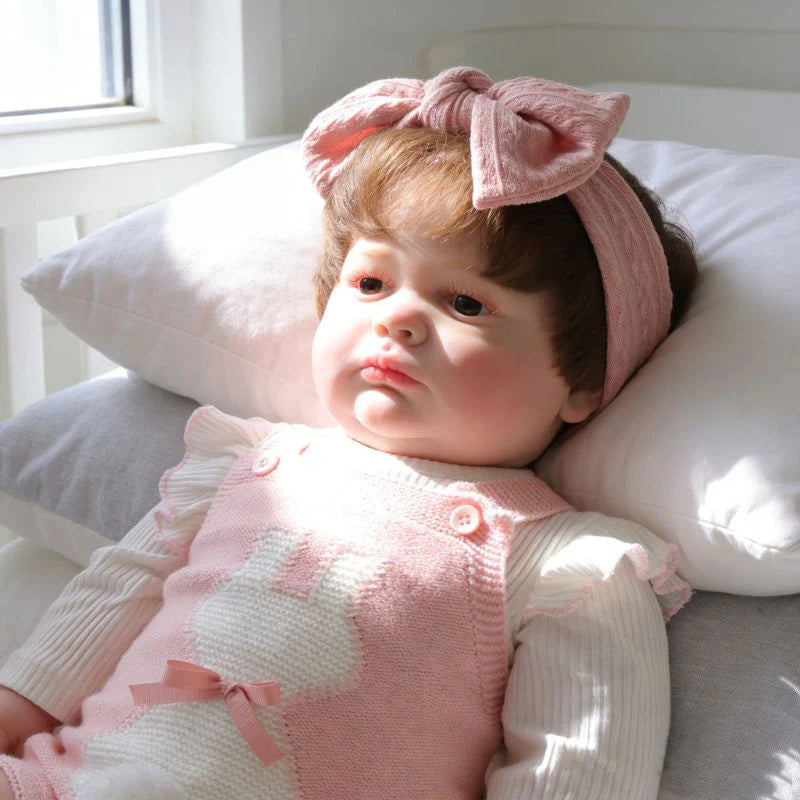 26-Inch/65cm Realistic Vinyl Baby Doll in Pink Outfit with Bow Headband – Hand-Painted Collectible Doll with Brown Eyes