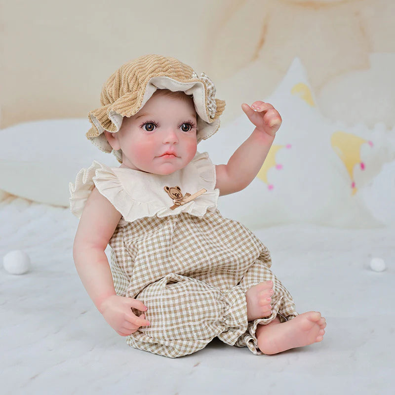 12-Inch/30cm Full Vinyl Reborn Doll with Light Brown Woven Bucket Hat - Reborn Doll Australia
