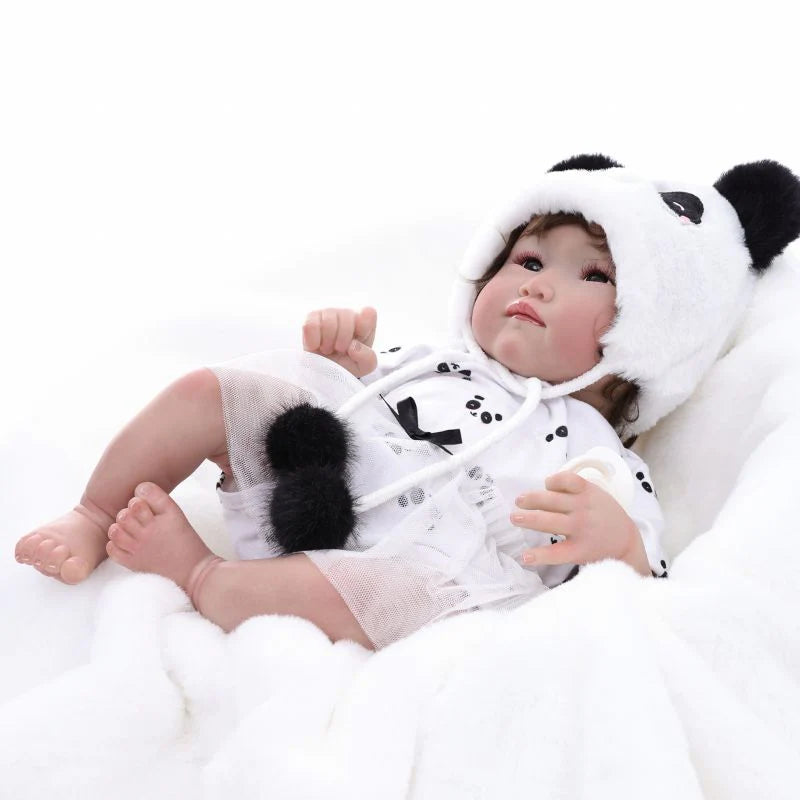 22-Inch/55cm Full-Body Vinyl Simulation Doll | Hand-Painted Makeup & Articulated Joints | Panda-Themed Plush Outfit - Reborn Doll Australia