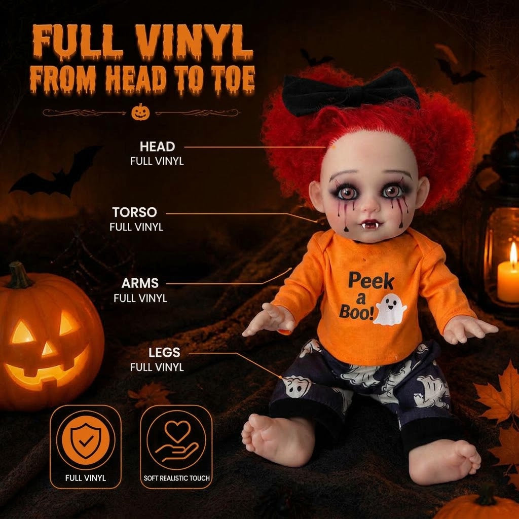 16 inch Halloween simulation rebirth doll with red curly hair, vampire shape, ghost print set, gift box doll