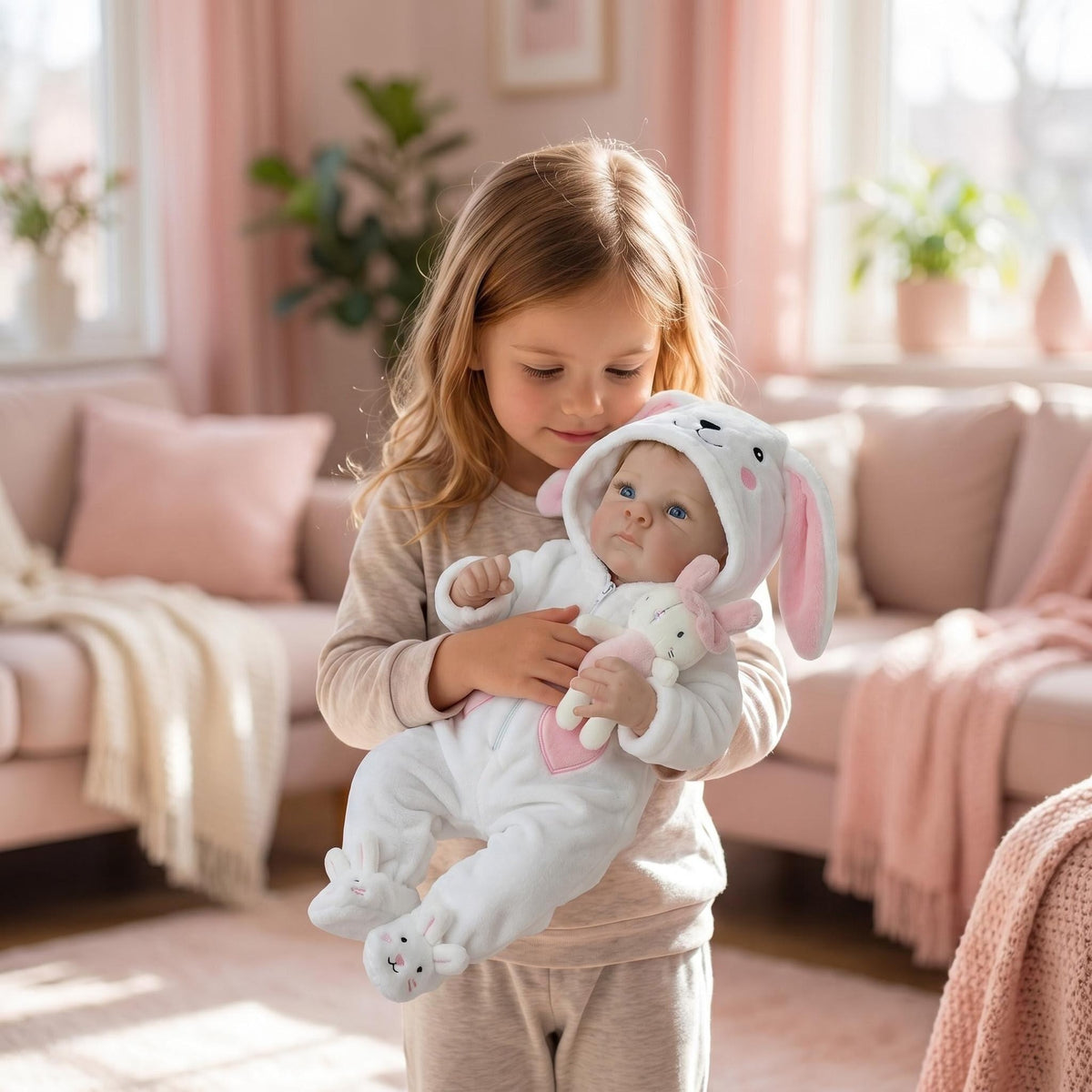 Baby Dolls 18 Inch 45cm, Realistic Newborn Doll with Soft Cloth Body & Cute Smile White Conjoined Rabbit Set Reborn Dolls for Kids Ages 3+