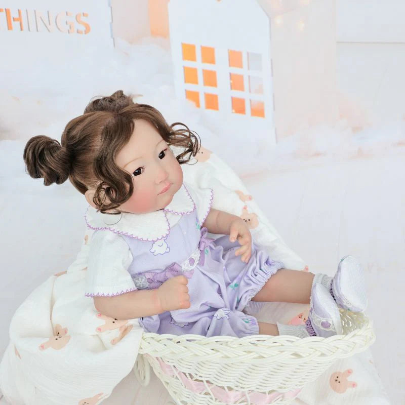 22-Inch/55cm Full-Body Vinyl Simulation Doll | Hand-Painted Makeup & Articulated Joints | Light Purple Cartoon Overalls Set - Reborn Doll Australia