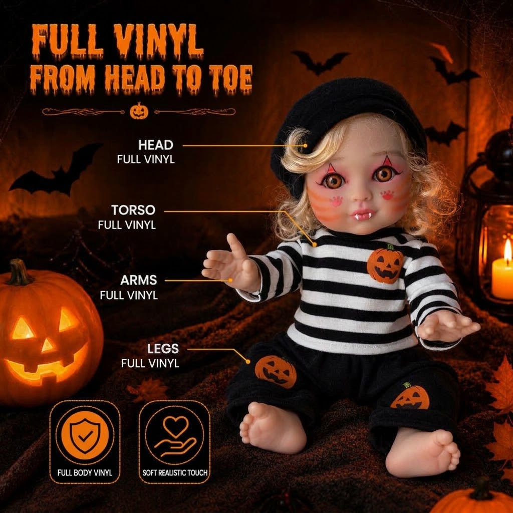 16 Inch Halloween Elf Reborn Doll with Full Vinyl Body Open Eyes Blonde Curly Hair Holiday Costume Collectible Gift