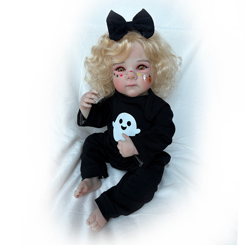20 inch Halloween simulation Full vinyl Body Reborn Doll with golden curly hair, ghost print, black bow, gift box toy