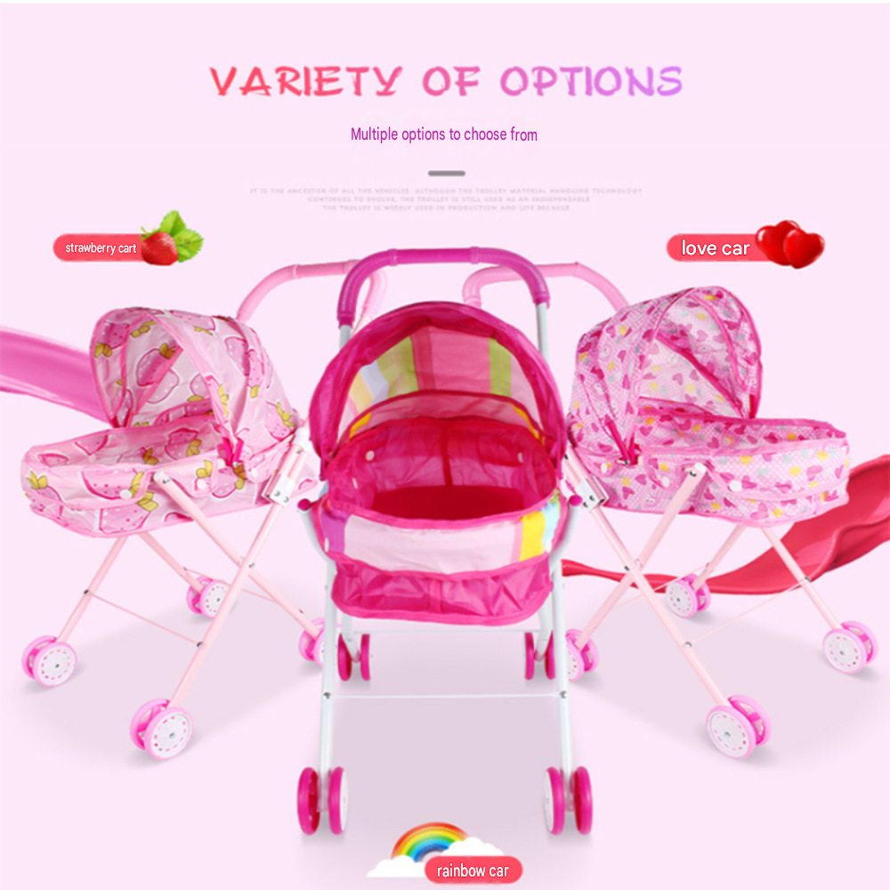 Realistic 4-Wheel Doll Stroller, Adjustable Handle & Canopy Doll Buggy, Safe Toy Stroller for 3+ Years Old Girls