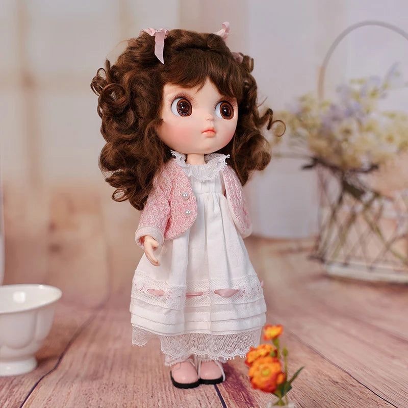 12-inch/30cm Big Eyes Porcelain Doll With White Dress and Pink Coat - Reborn Doll Australia