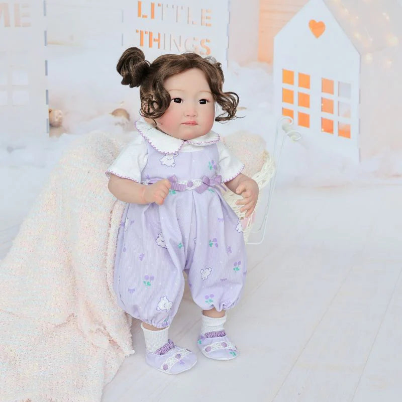 22-Inch/55cm Full-Body Vinyl Simulation Doll | Hand-Painted Makeup & Articulated Joints | Light Purple Cartoon Overalls Set - Reborn Doll Australia