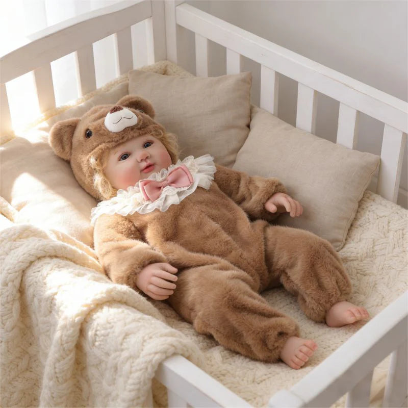 28-Inch/70cm Realistic Vinyl Baby Doll in Brown Plush Bear Suit – Hand-Painted Collectible with Blue Acrylic Eyes
