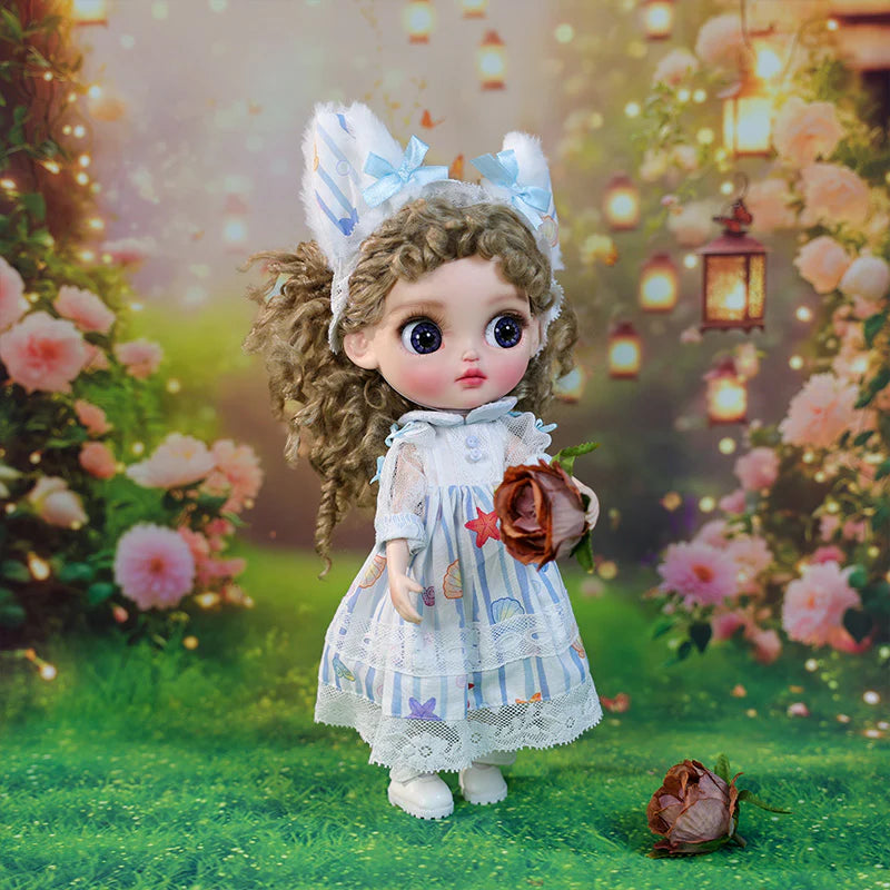 12-inch/30cm Big Eyes Porcelain Doll With Blue and White Dress - Reborn Doll Australia