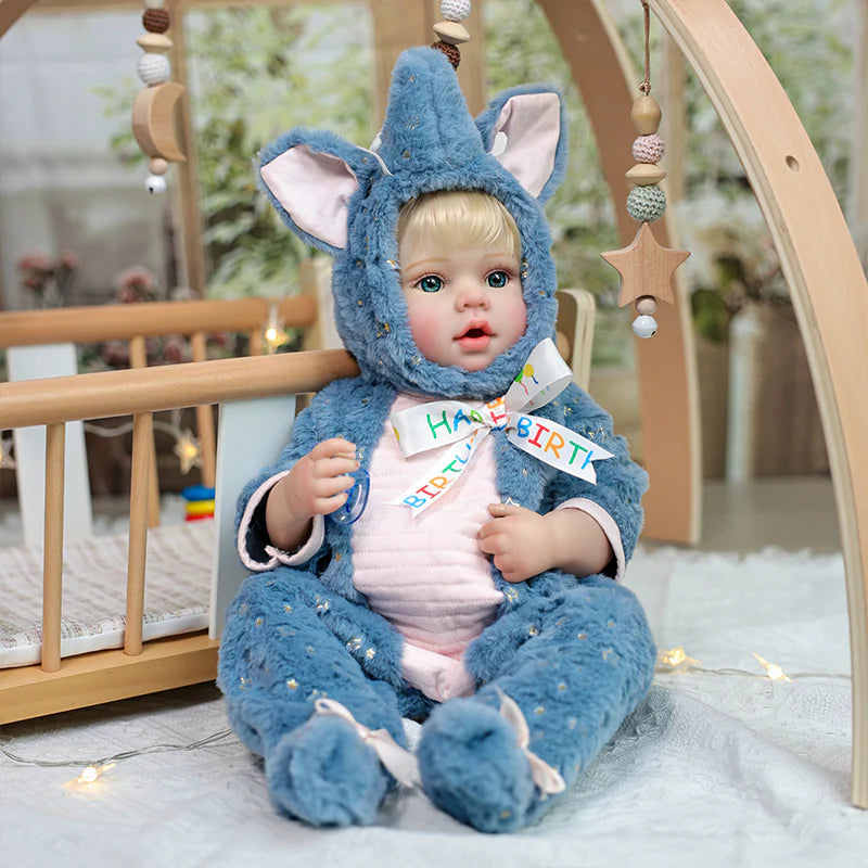 20-Inch Full-body vinyl rebirth doll, dressed in a blue elephant costume - Reborn Doll Australia