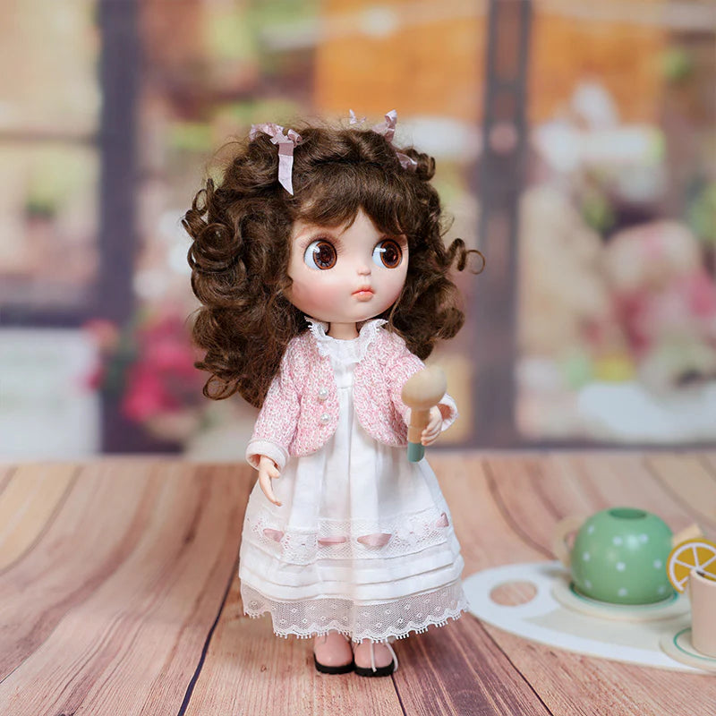 12-inch/30cm Big Eyes Porcelain Doll With White Dress and Pink Coat - Reborn Doll Australia