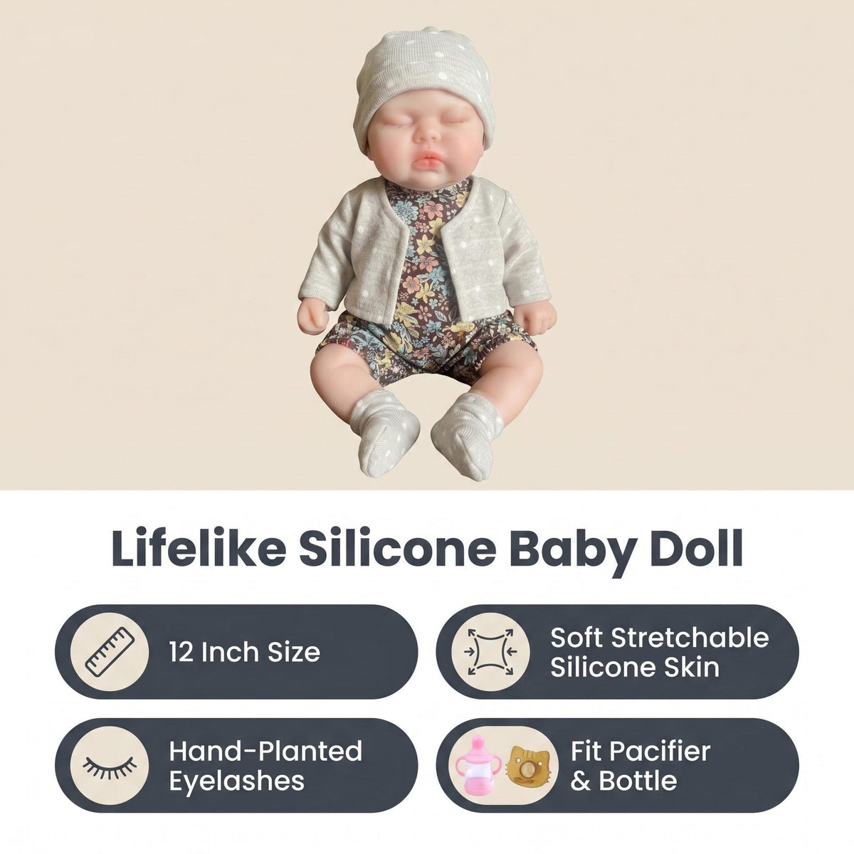 12Inch Collectible Reborn Doll, Soft Solid Platinum Silicone Baby with Elastic Stretchable Real Touch Body