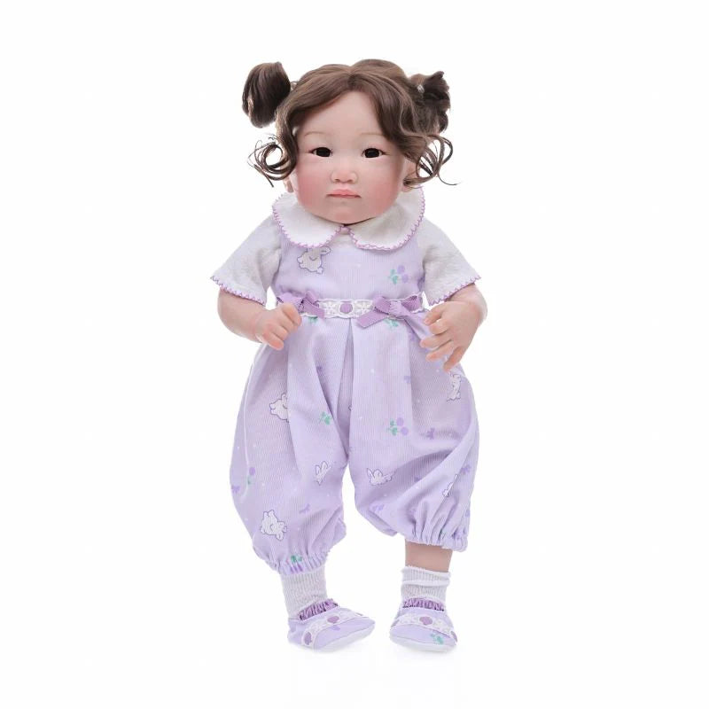 22-Inch/55cm Full-Body Vinyl Simulation Doll | Hand-Painted Makeup & Articulated Joints | Light Purple Cartoon Overalls Set - Reborn Doll Australia