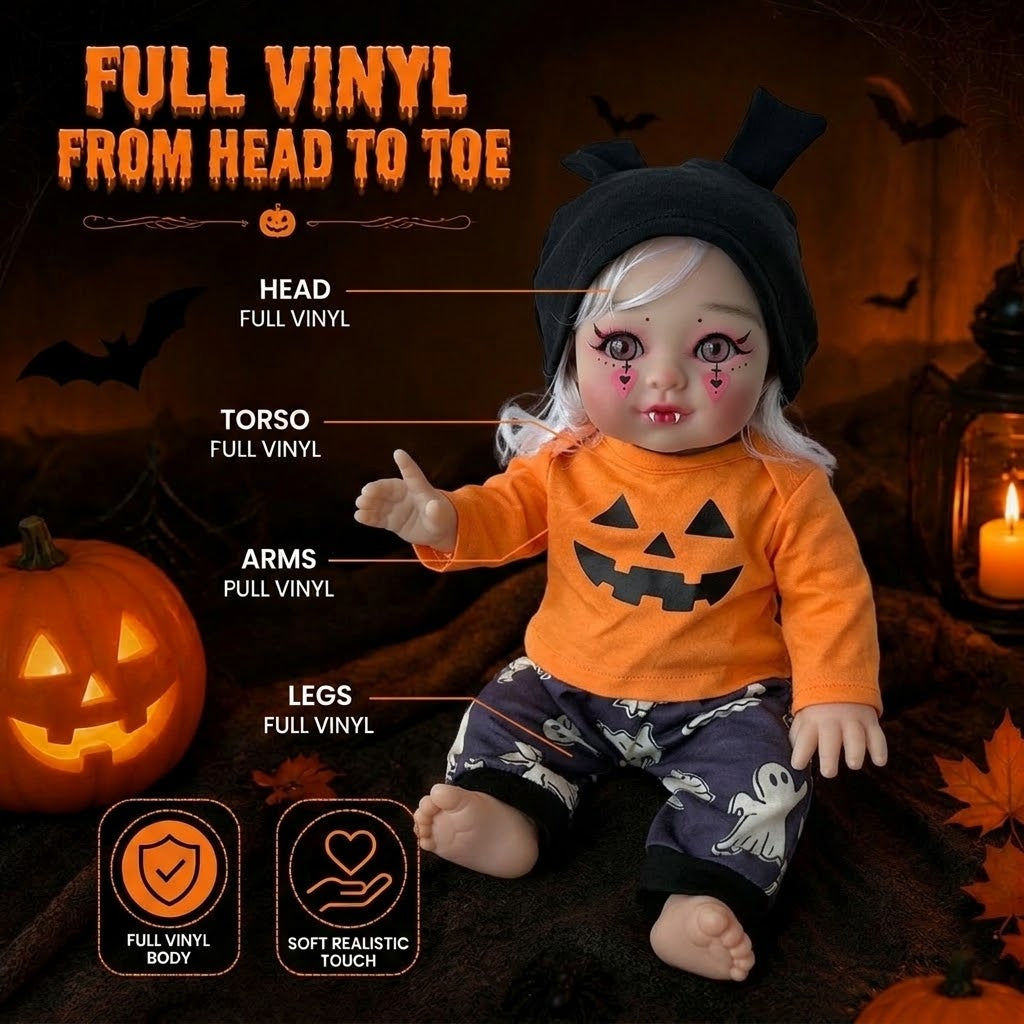 16 inch Halloween simulation reborn doll with silver curly hair, vampire shape, pumpkin top, ghost pants, bunny ears hat season gifts for chirld