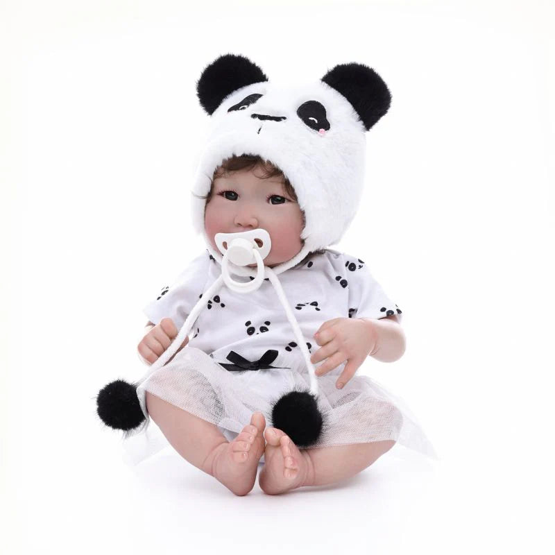 22-Inch/55cm Full-Body Vinyl Simulation Doll | Hand-Painted Makeup & Articulated Joints | Panda-Themed Plush Outfit - Reborn Doll Australia