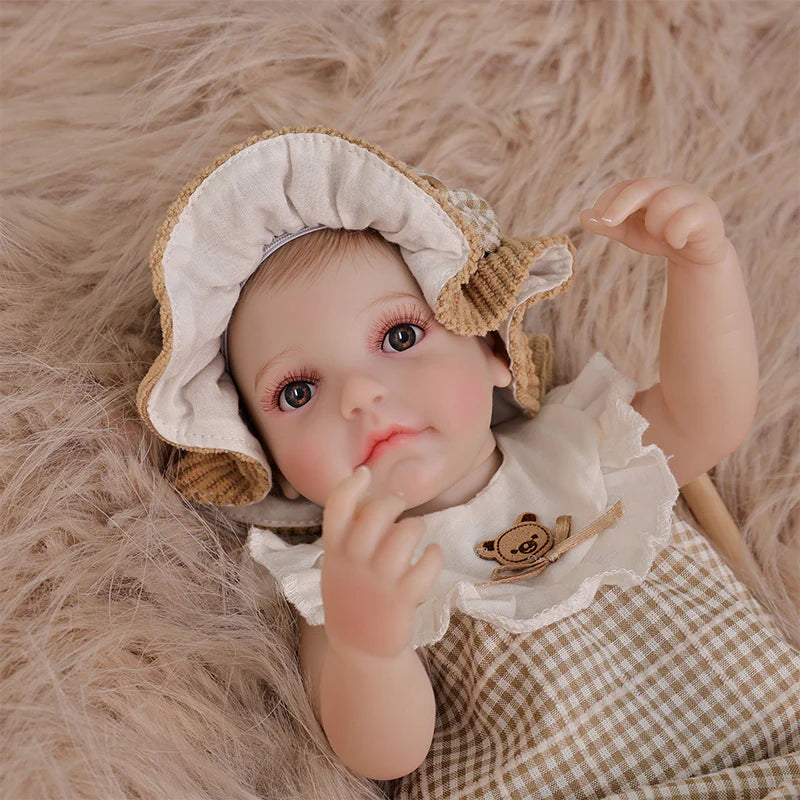 12-Inch/30cm Full Vinyl Reborn Doll with Light Brown Woven Bucket Hat - Reborn Doll Australia