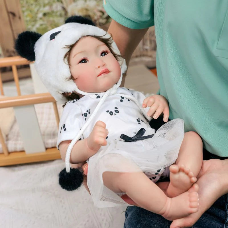 22-Inch/55cm Full-Body Vinyl Simulation Doll | Hand-Painted Makeup & Articulated Joints | Panda-Themed Plush Outfit - Reborn Doll Australia
