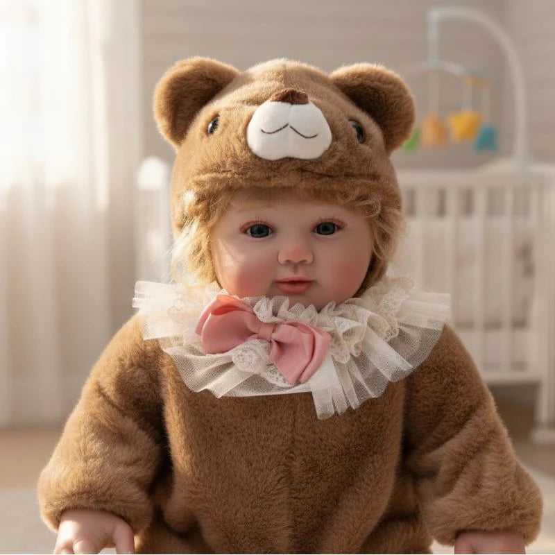 28-Inch/70cm Realistic Vinyl Baby Doll in Brown Plush Bear Suit – Hand-Painted Collectible with Blue Acrylic Eyes