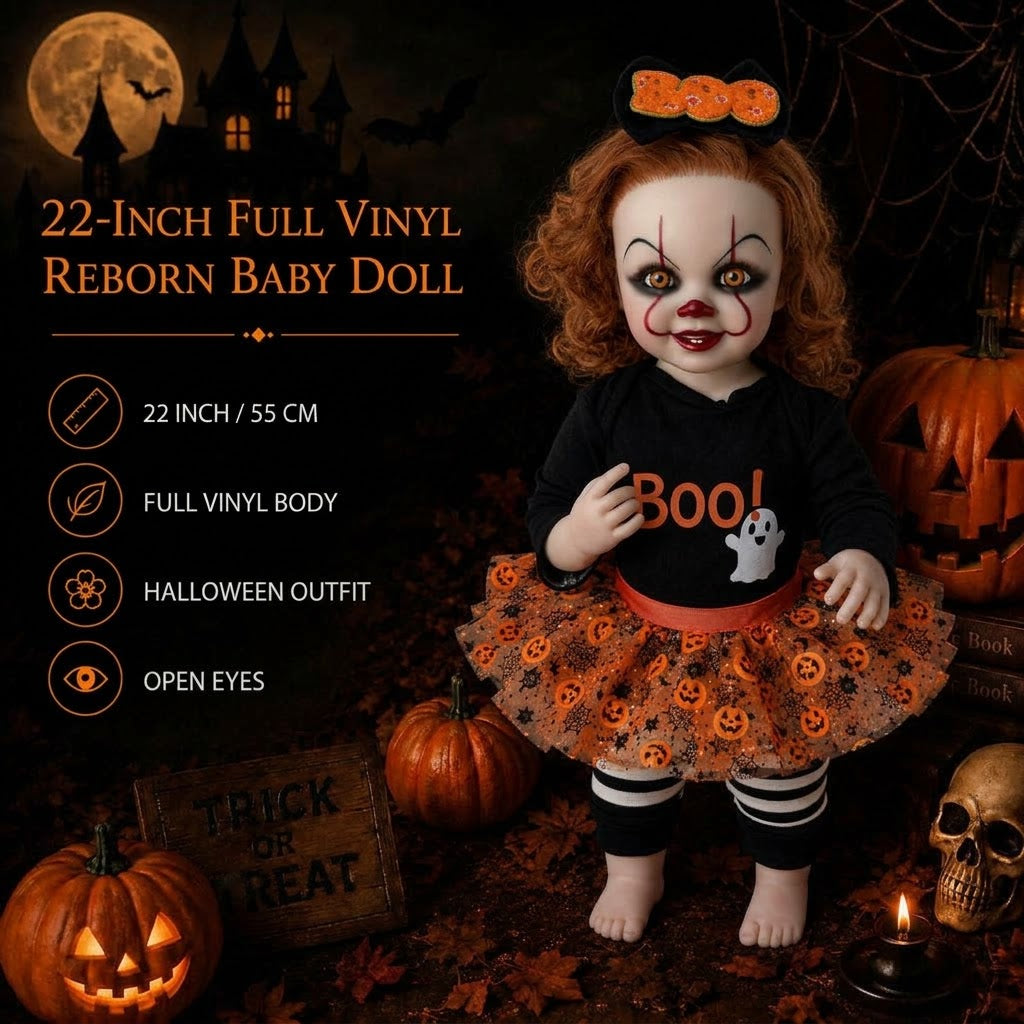 22 inch Halloween clown reborn doll with full vinyl body, orange curly hair, eyes open and pumpkin tutu, suitable as a gift for children, elders, and companions