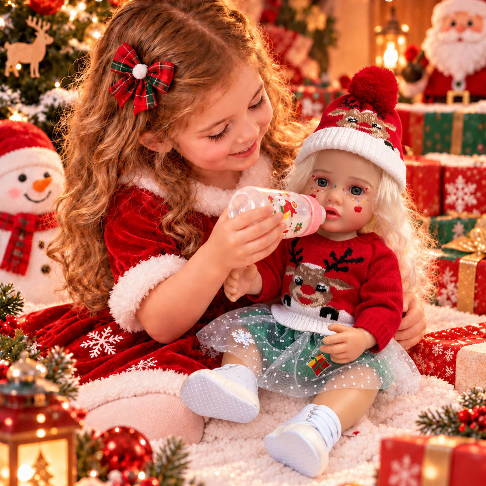 22 inch Christmas simulation reborn doll vinyl girl with curly hair and blue eyes, dress-up gift box, children's Christmas gift