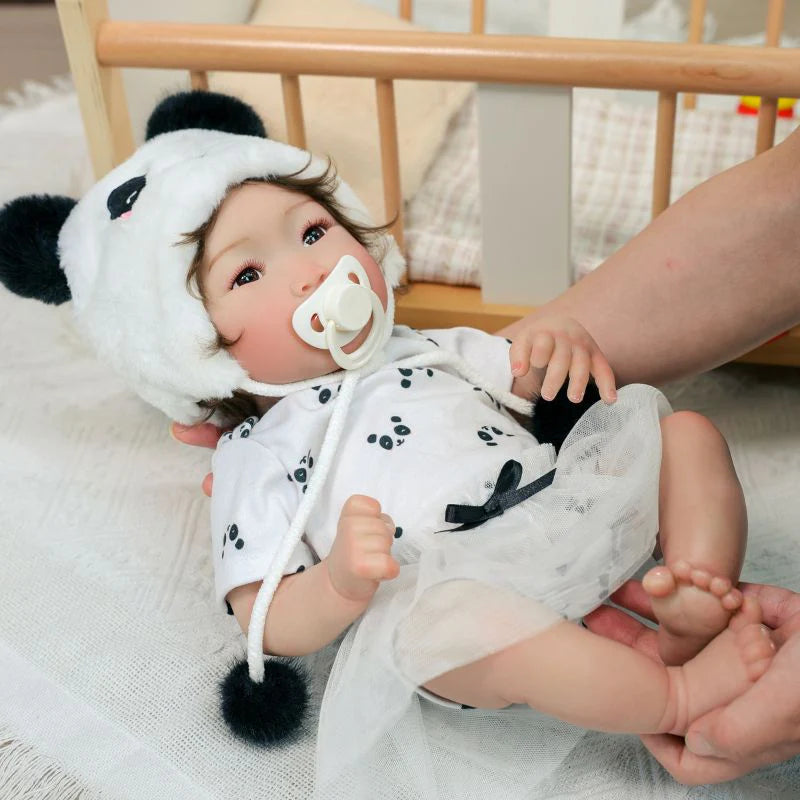 22-Inch/55cm Full-Body Vinyl Simulation Doll | Hand-Painted Makeup & Articulated Joints | Panda-Themed Plush Outfit - Reborn Doll Australia