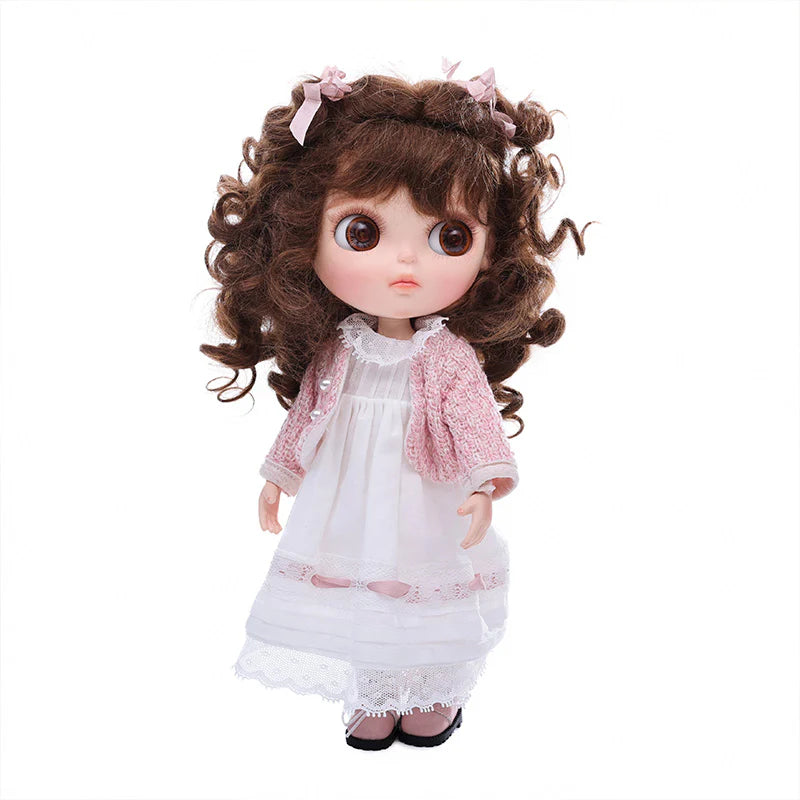 12-inch/30cm Big Eyes Porcelain Doll With White Dress and Pink Coat - Reborn Doll Australia