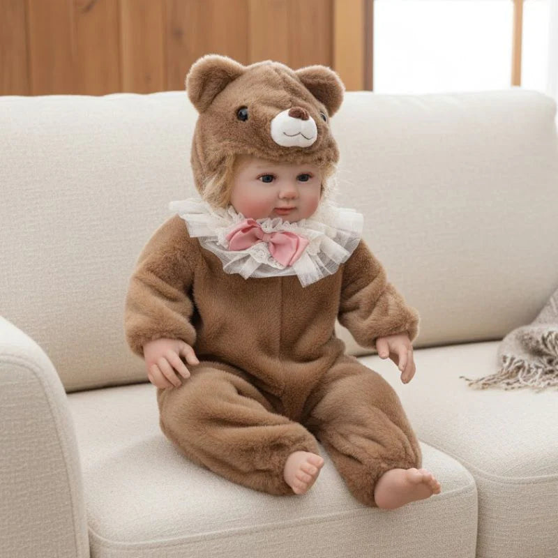 28-Inch/70cm Realistic Vinyl Baby Doll in Brown Plush Bear Suit – Hand-Painted Collectible with Blue Acrylic Eyes