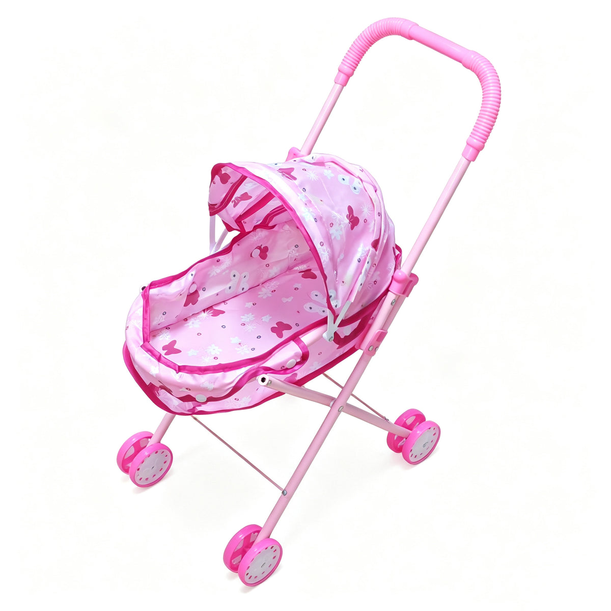 Realistic 4-Wheel Doll Stroller, Adjustable Handle & Canopy Doll Buggy, Safe Toy Stroller for 3+ Years Old Girls