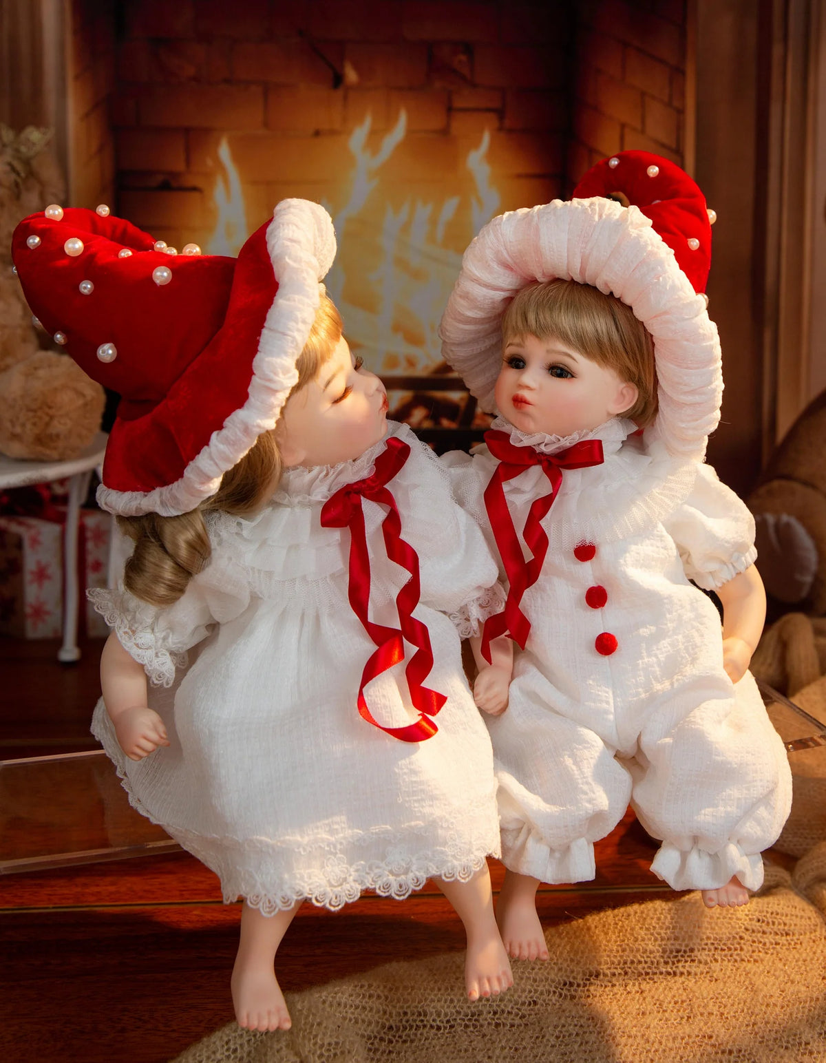 14-Inch Porcelain Twin Baby Doll Set - 35cm Hand-Painted Christmas Collectibles with Rotatable Heads & Display Stands - Reborn Doll Australia