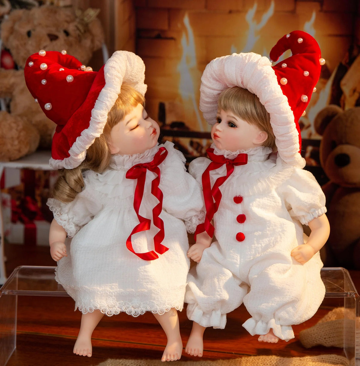 14-Inch Porcelain Twin Baby Doll Set - 35cm Hand-Painted Christmas Collectibles with Rotatable Heads & Display Stands - Reborn Doll Australia
