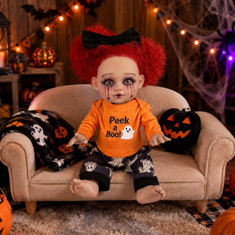 16 inch Halloween simulation rebirth doll with red curly hair, vampire shape, ghost print set, gift box doll