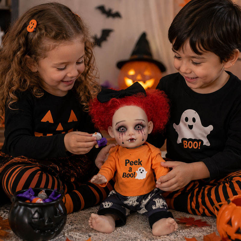 16 inch Halloween simulation rebirth doll with red curly hair, vampire shape, ghost print set, gift box doll
