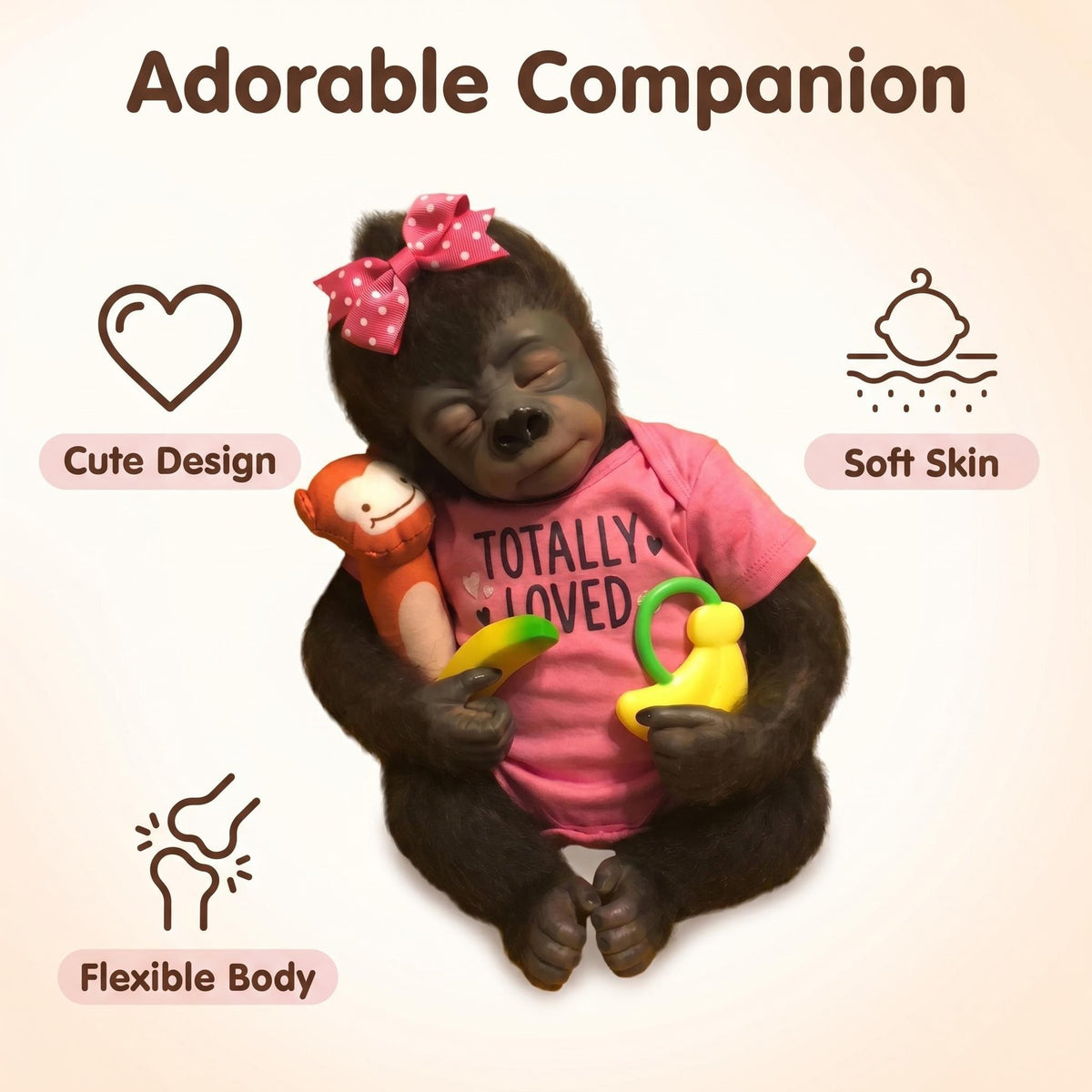 Realistic Animal Themed 18 inch with Cloth Body Reborn Monkey Doll Closed Eyes Furry Skin