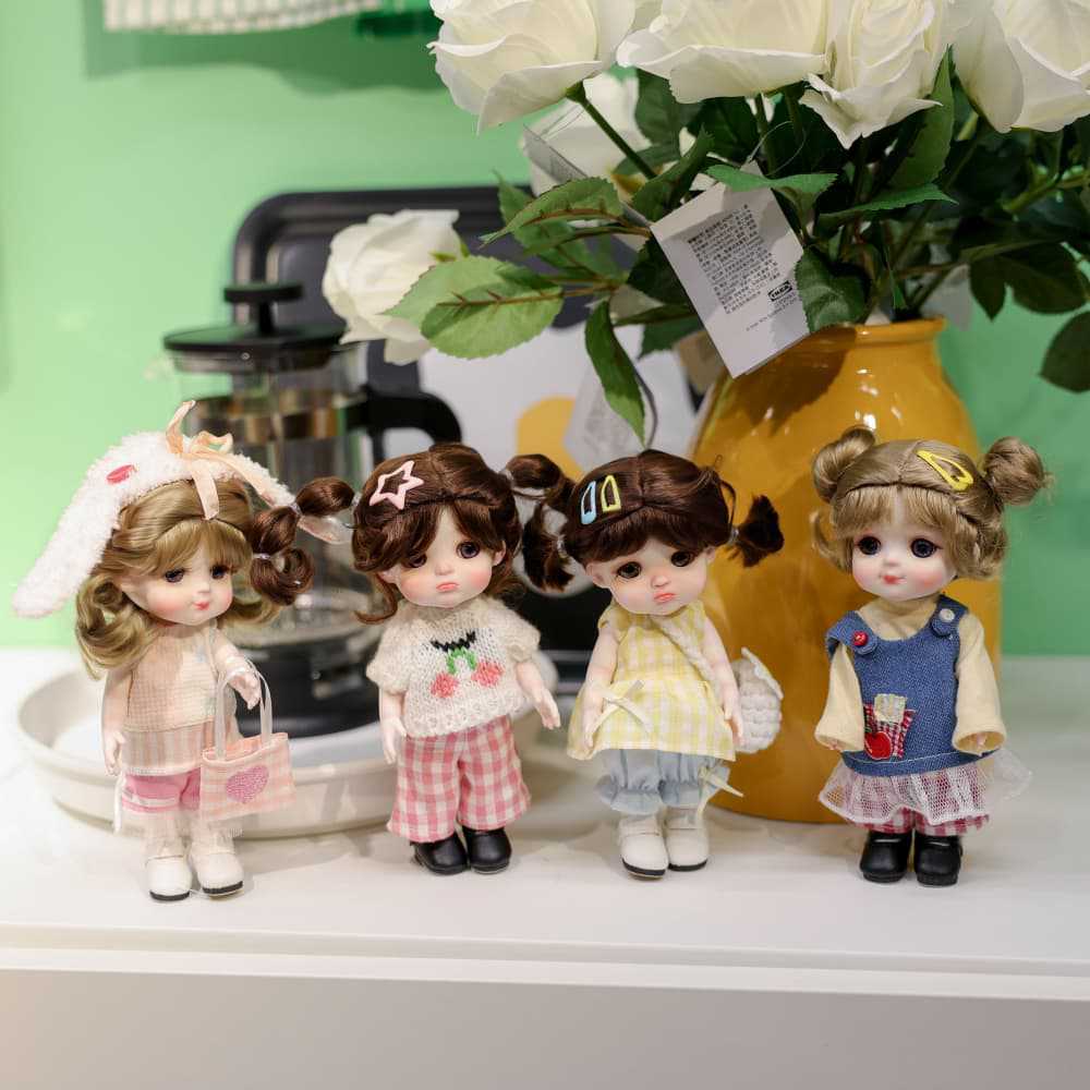 6 Inch Mini with Full Ceramic Body Doll Cute Double Ponytail Cherry Knit Outfit Collectible Desktop Decor Gift