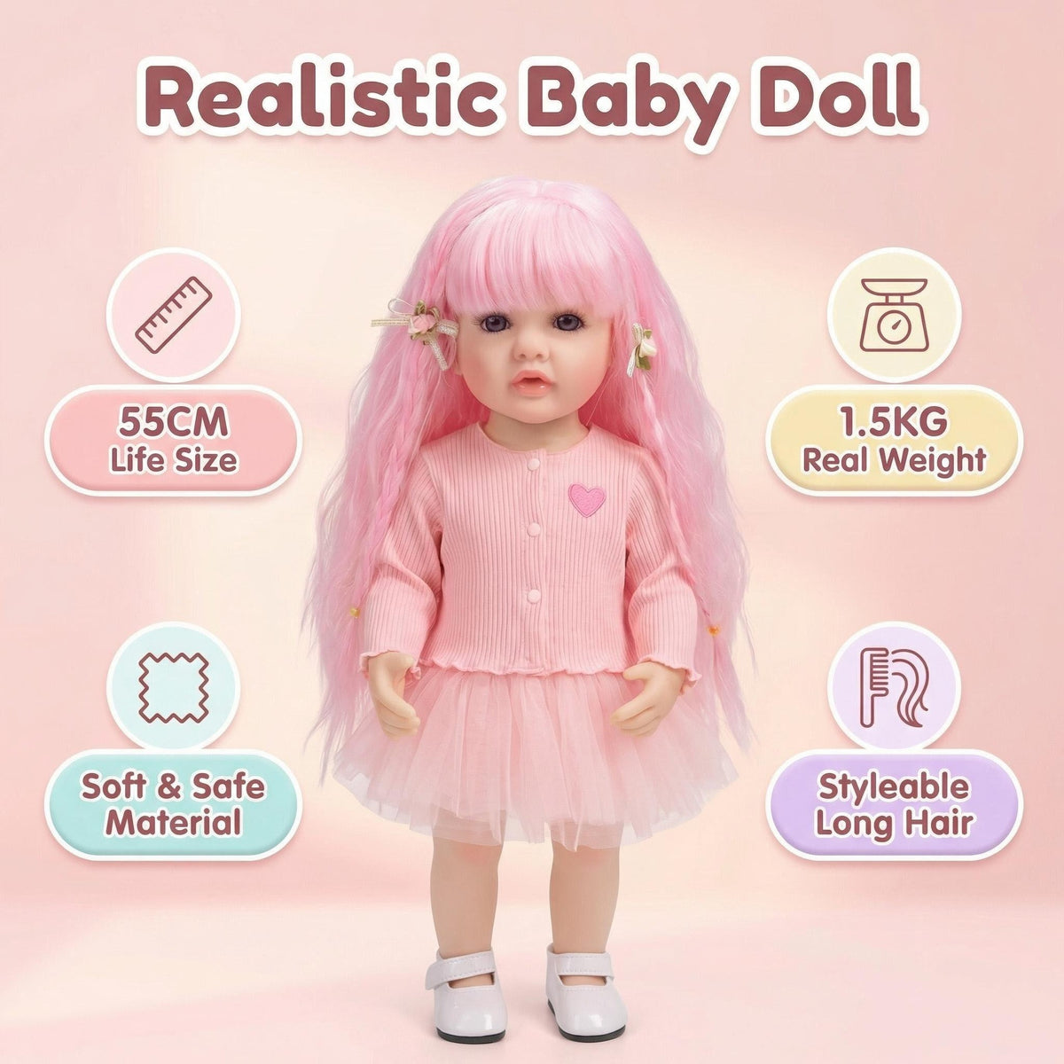 55CM Full Body Vinyl Betty Reborn Toddler Standable Lifelike Doll with Pink Hair with 3D Painted Veins Realistic Baby Dolls