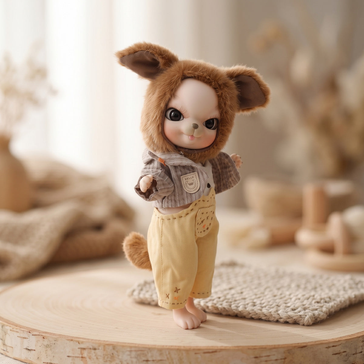 10 inch Cute Animal with Full Ceramic Ball Joint Body with Fluffy Ear Hat Reborn baby doll.Outfit Collectible Decor Gift