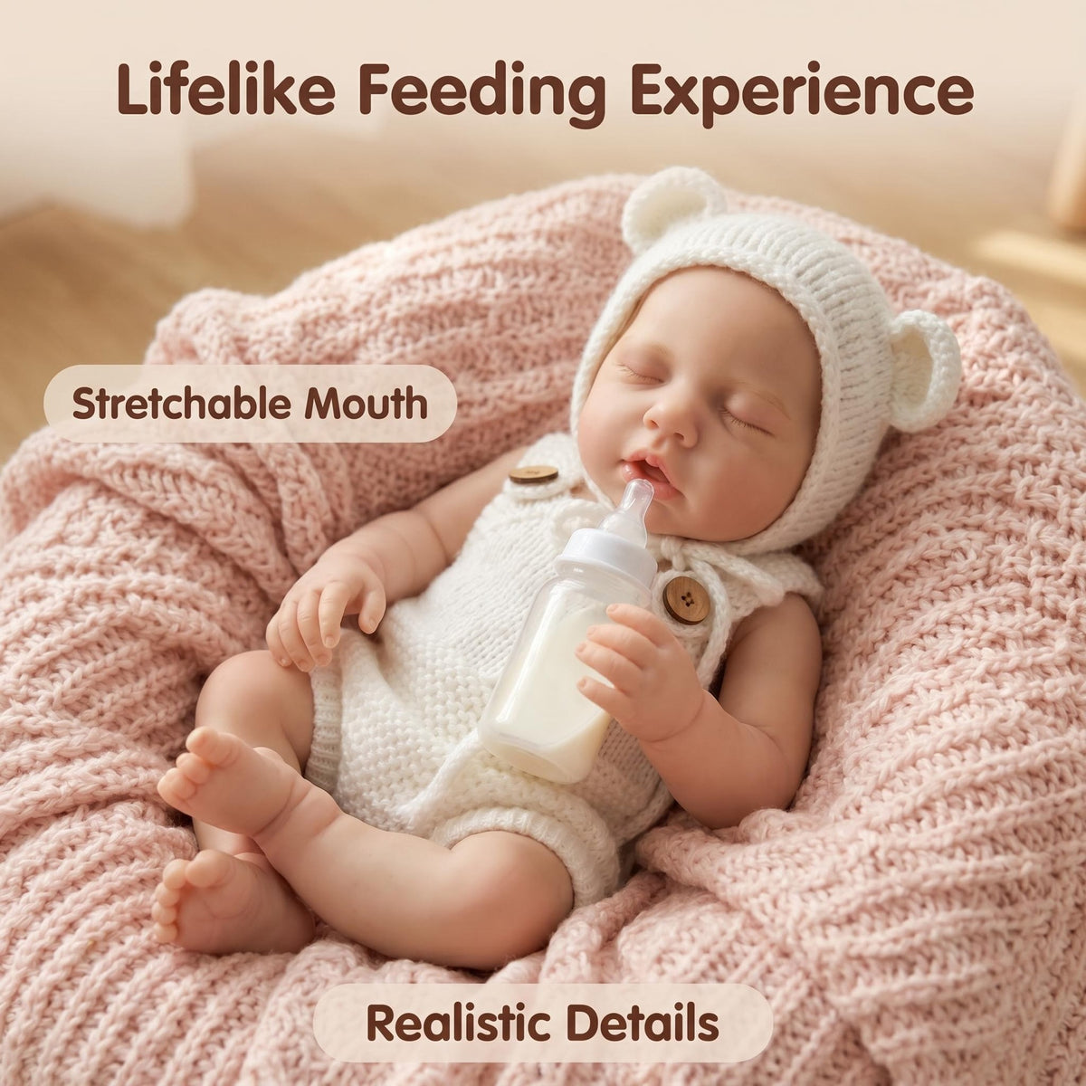 12 Inch with Full Soild Silicone Doll, Neutral Hand-Knit Bear Outfit, Perfect Gift Selection for Baby Shower, Thanksgiving, Valentine’s Day and various holiday celebrations