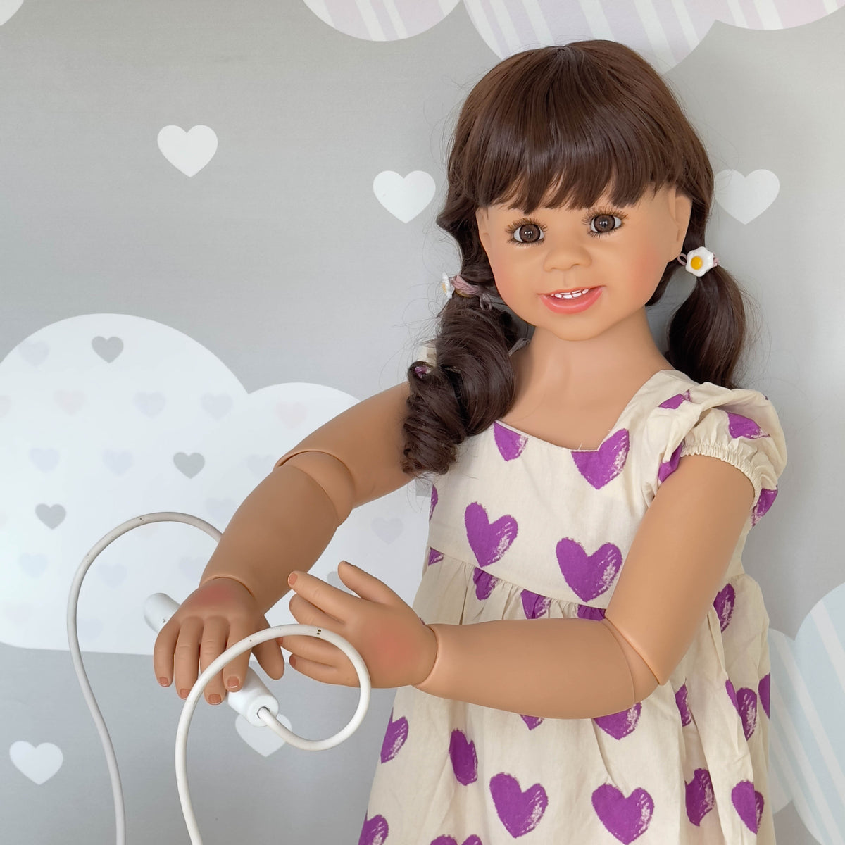 43 Inch Standing Toddler Reborn Dolls with Full Vinyl Body Life Size Girl Doll Purple Heart Print Flutter Sleeve Dress, Perfect Birthday Christmas Holiday Gift Companion Toy For Kids & Adult Collectors