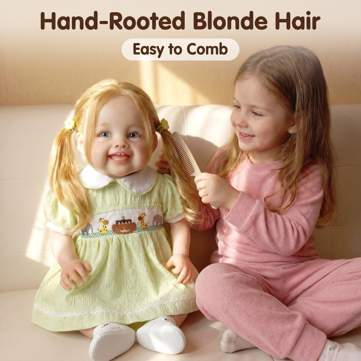 Cheerful Blonde Pigtail Reborn Girl 24 inch With Cloth Body Animal Pattern Dress, Comfort Companion Doll, Unique Surprise Gift For Birthday Parties And Western Festivals