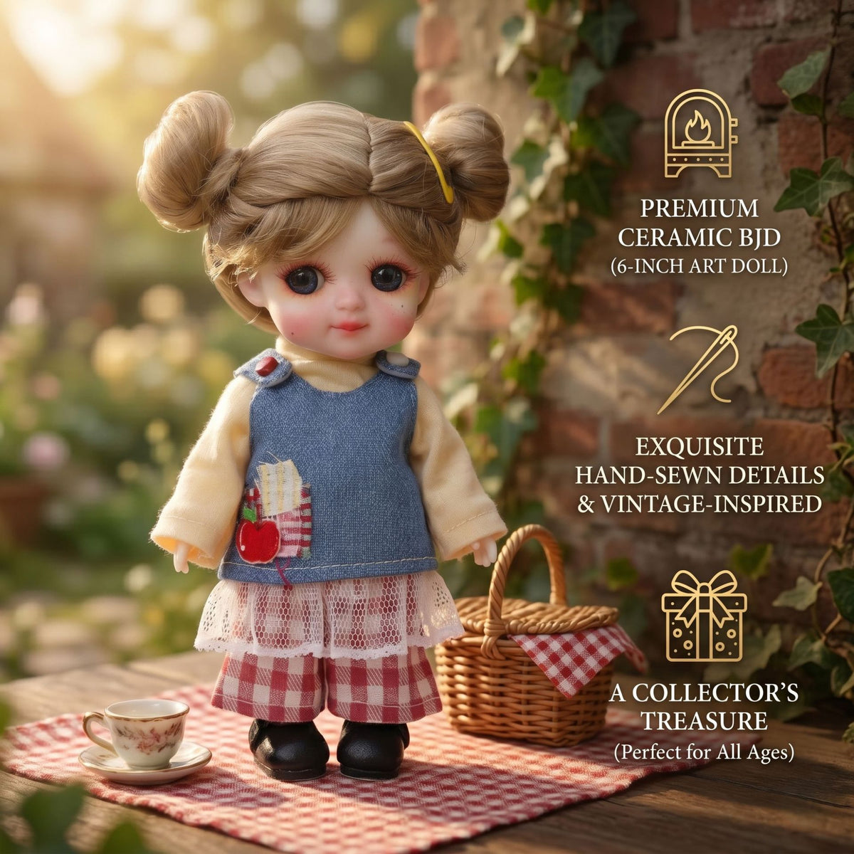 6 Inch Mini with Ceramic Body Cute Pigtails Yellow Gingham Outfit Collectible Desktop Decor Gift
