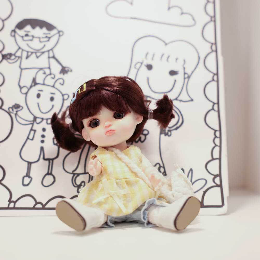 6 Inch Mini with Ceramic Body Cute Pigtails Yellow Gingham Outfit Collectible Desktop Decor Gift