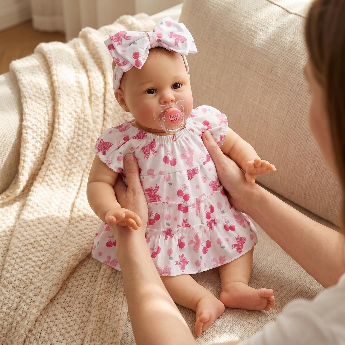 Realistic 22 inch Reborn Infant Doll With Cloth Body, Cherry Pattern Dress, Soothing Companion for Holiday Gifting
