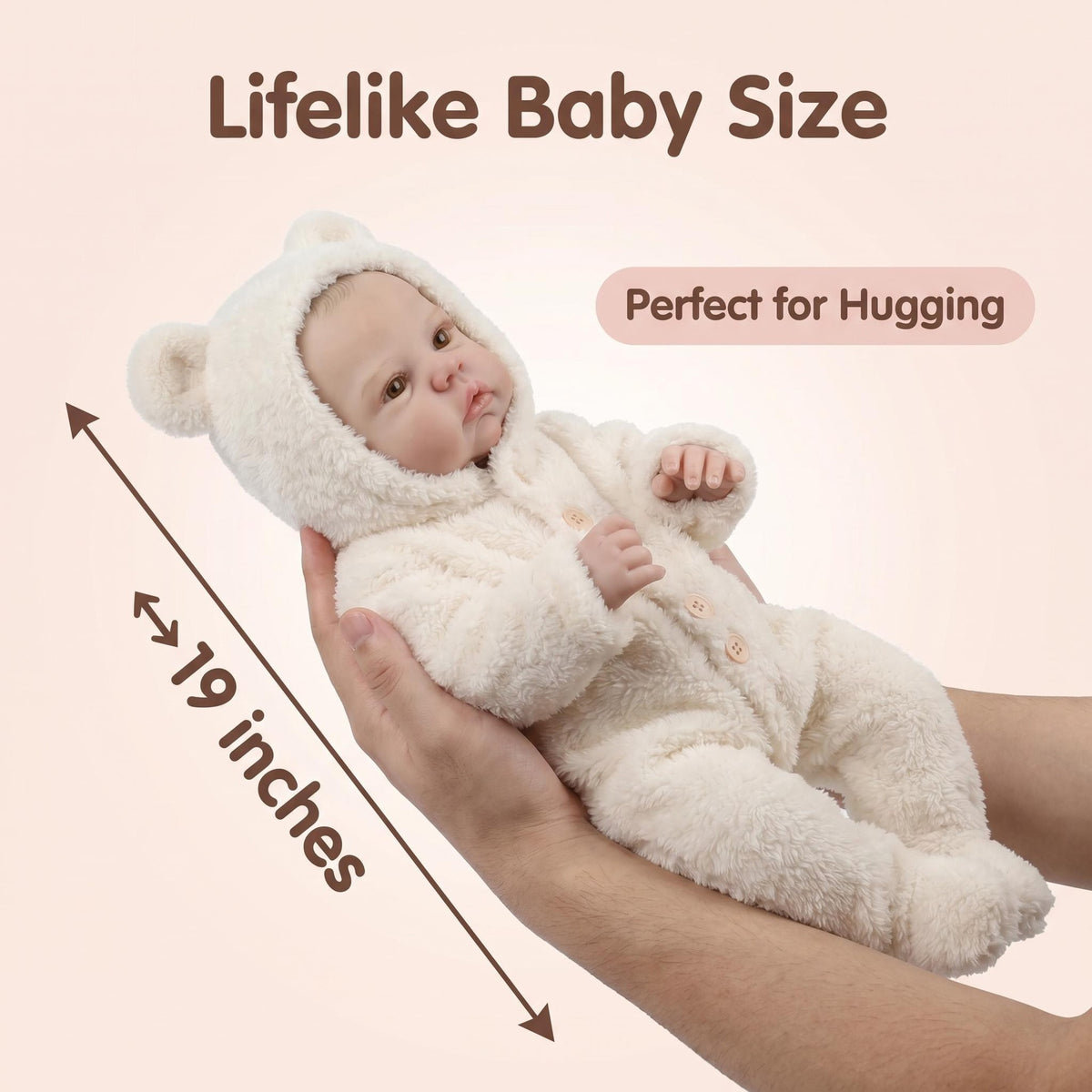 19 Inch with Cloth Body Awake Reborn Baby Doll, Cream Fluffy Bear Ear Hooded Footed Jumpsuit, Ideal Birthday, Christmas Holiday Gift, Cuddly Companion Toy For Kids & Adult Doll Enthusiasts